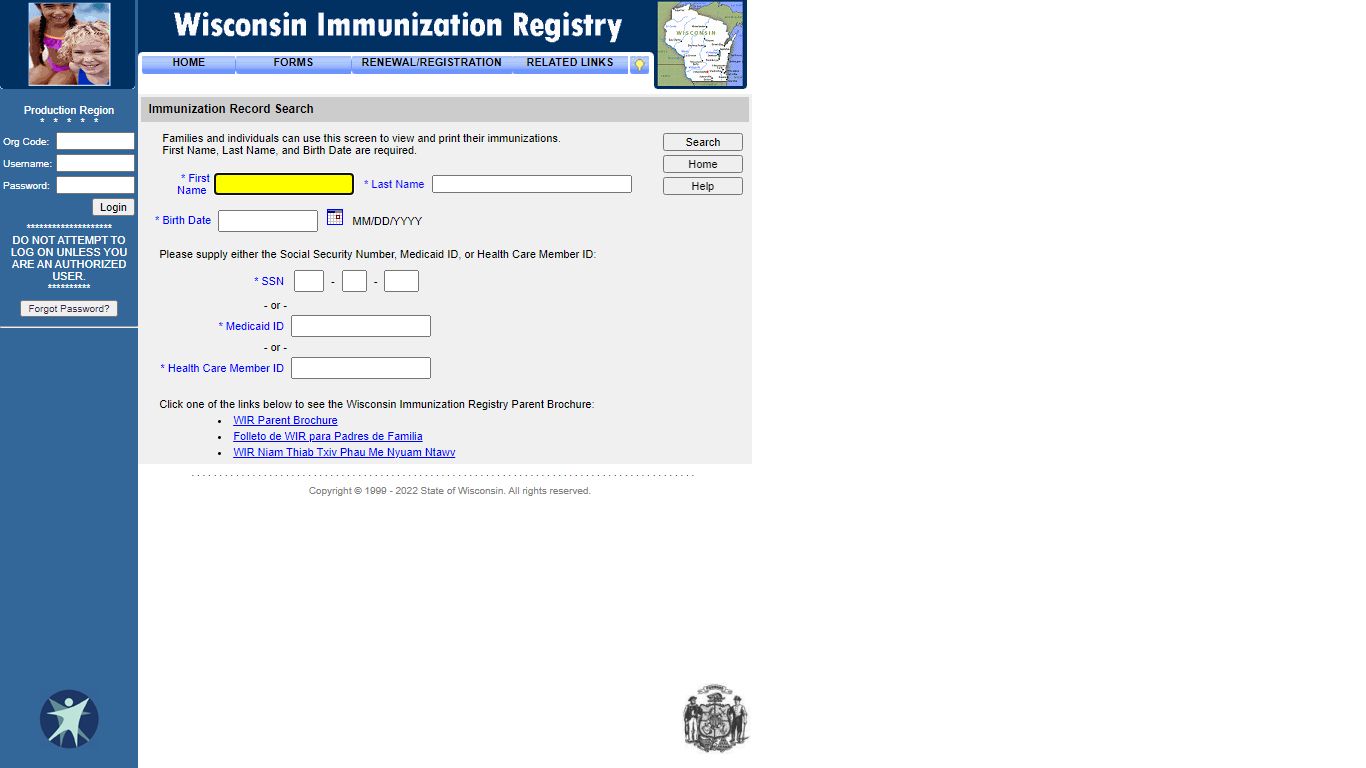 Wisconsin Immunization Registry .. [Immunization Record Search]